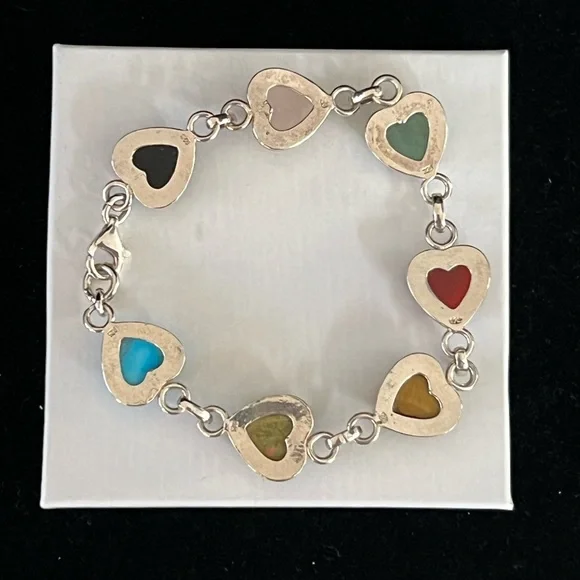 Sterling Multi Stone Scarab Heart Link Bracelet